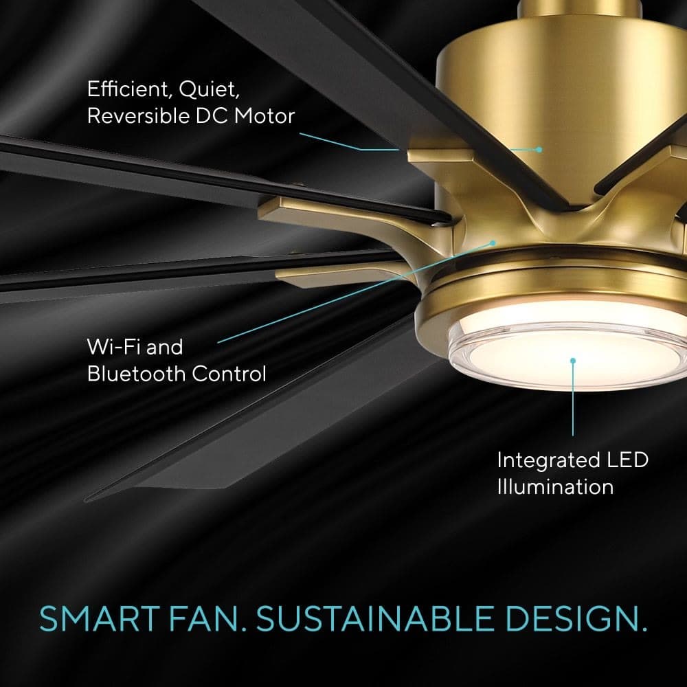 Modern Forms 65 inch smart fan, soft brass hub with matte black blades, showing the DC motor, Wi-Fi and Bluetooth control, and integrated LED