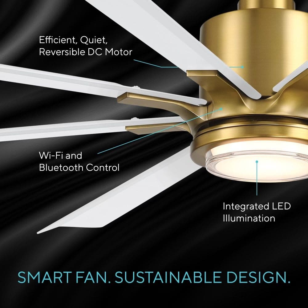 Modern Forms 65 inch smart fan, soft brass hub with matte white blades, showing the DC motor, Wi-Fi and Bluetooth control, and integrated LED